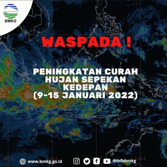 BMKG Peringatkan Adanya Peningkatan Curah Hujan Hingga 15 Januari 2022